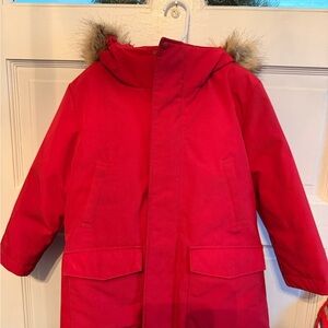 Uniqlo Kids Vibrant Red Puffer Coat with Faux Fur Hood